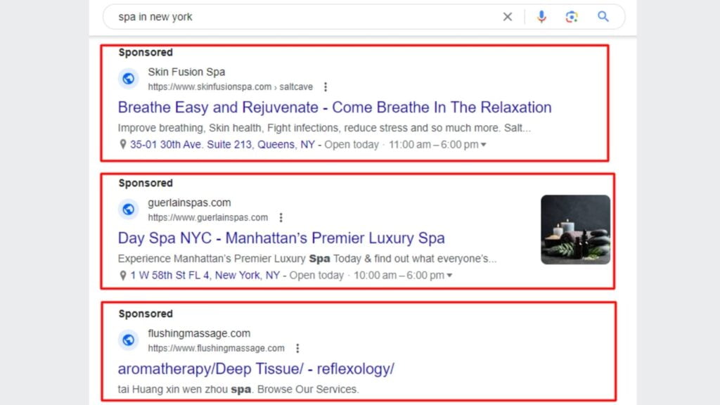 search ads for spa and wellness canter