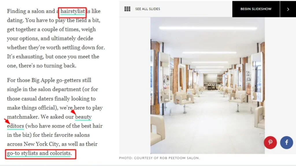 Internal linking for salon website