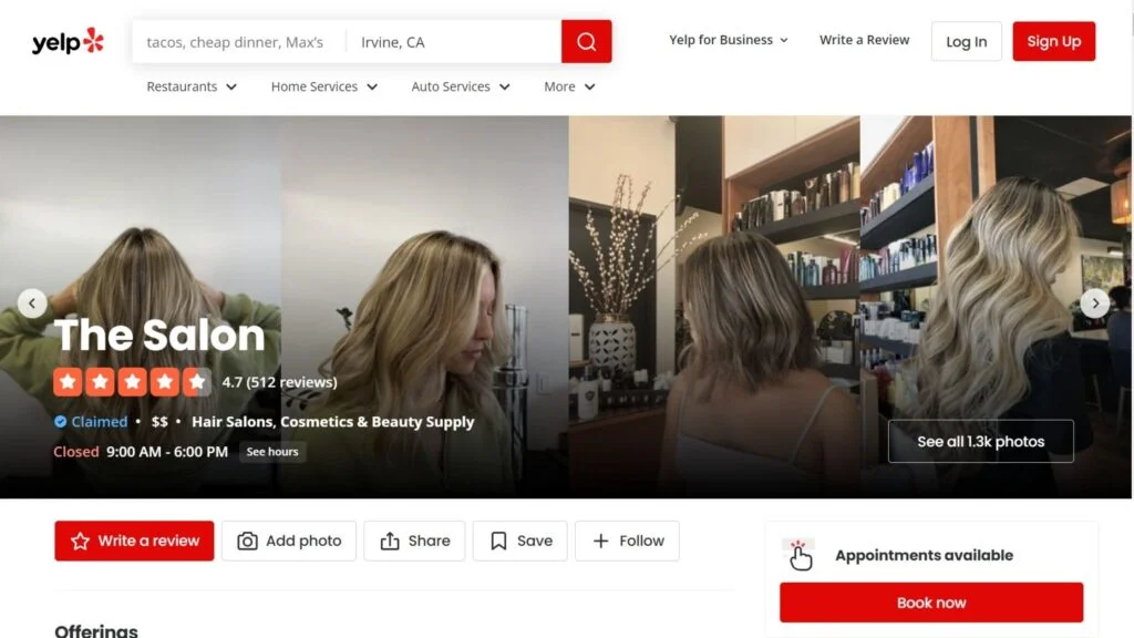 Local business listing for salon