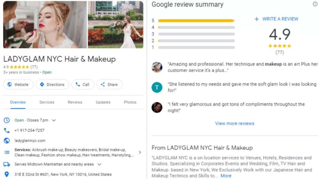 google business profile for makeup artist